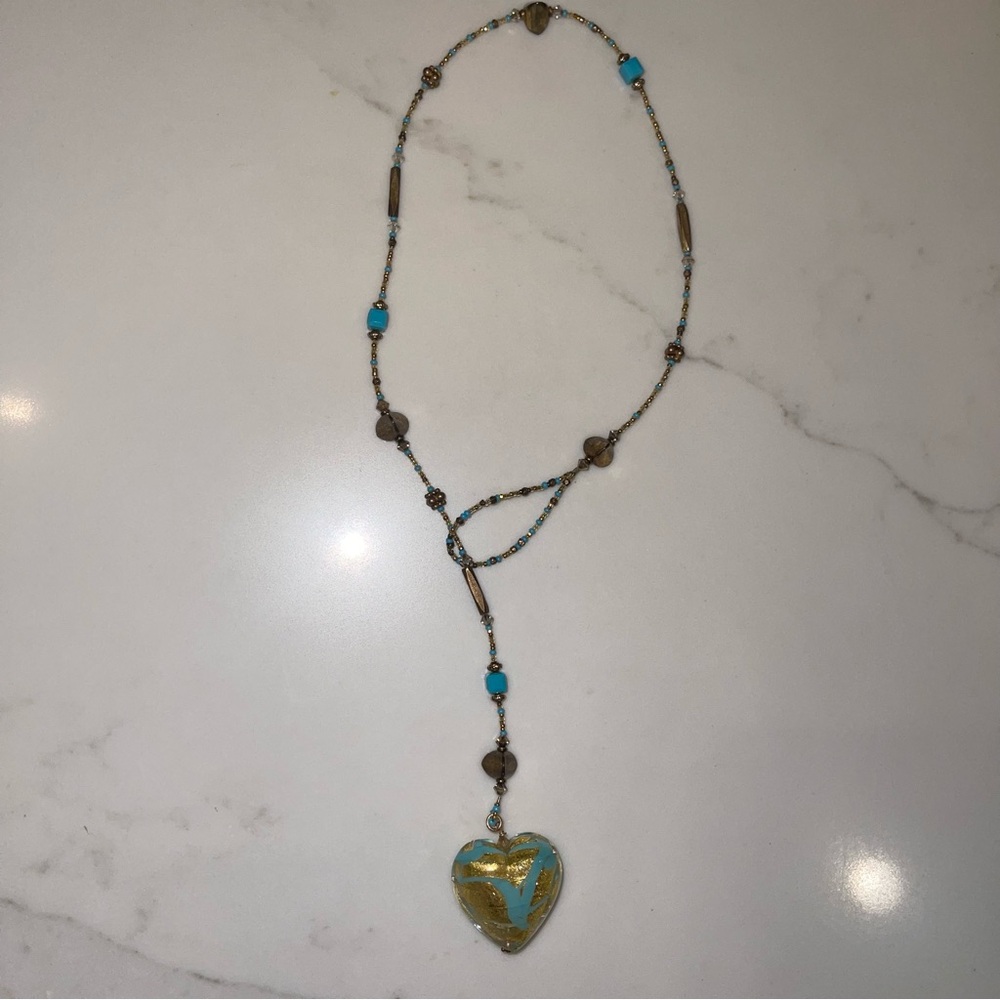 Handmade Gold & Turquoise Heart Pendant Necklace - Women's Jewelry - Picture 10 of 11